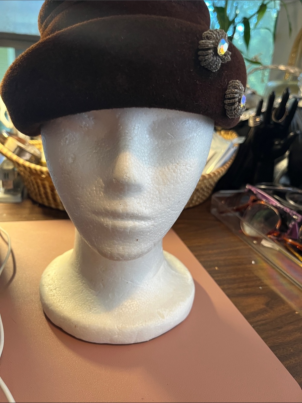 Vintage Valerie Mode Brown Wool Cloche Hat with Decorative Buttons -